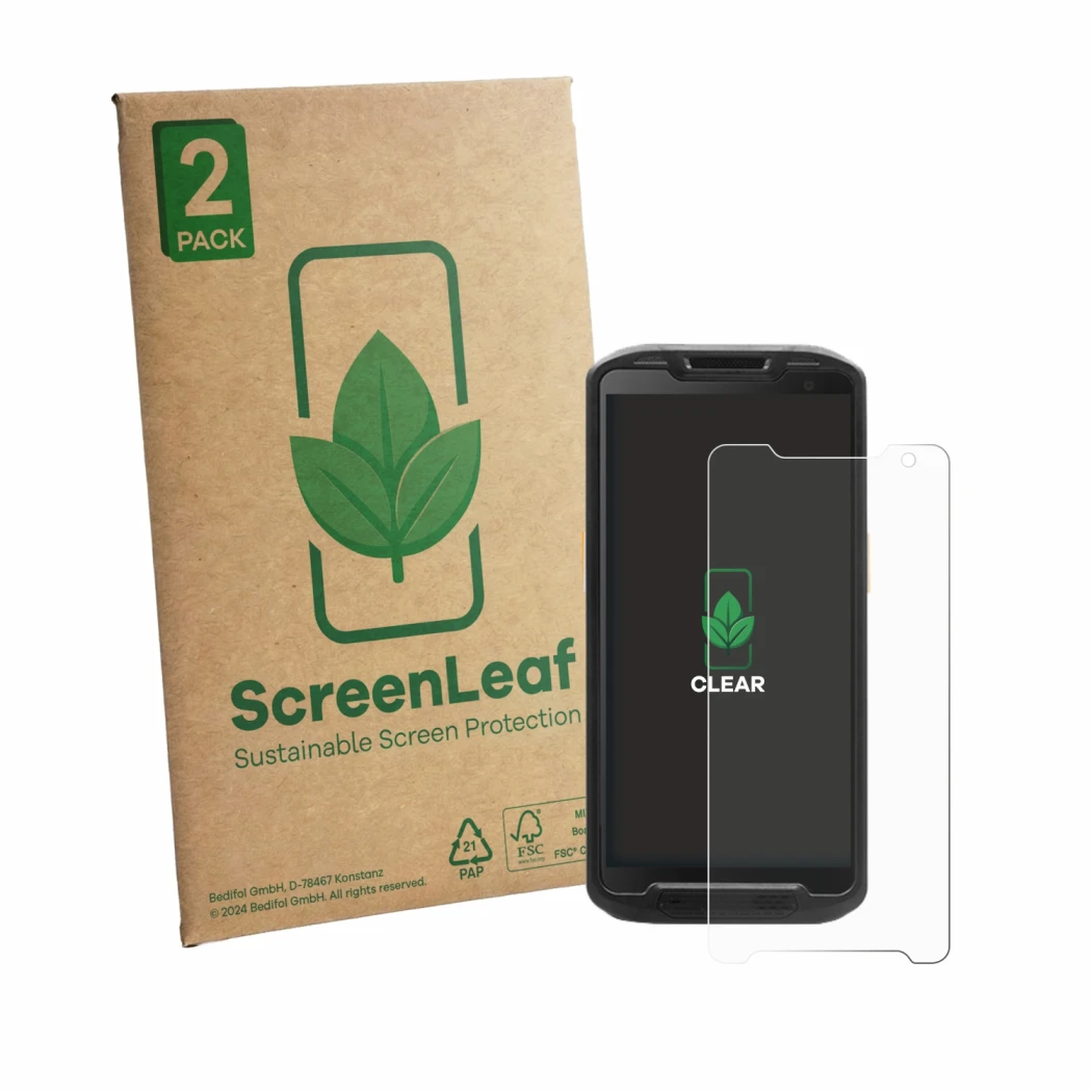 Face avant d’un emballage produit avec le logo de la marque ScreenLeaf. À côté, l’appareil Point Mobile PM84P est représenté a