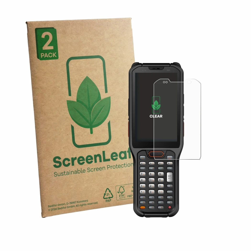 Face avant d’un emballage produit avec le logo de la marque ScreenLeaf. À côté, l’appareil Urovo RT40S est représenté avec la 