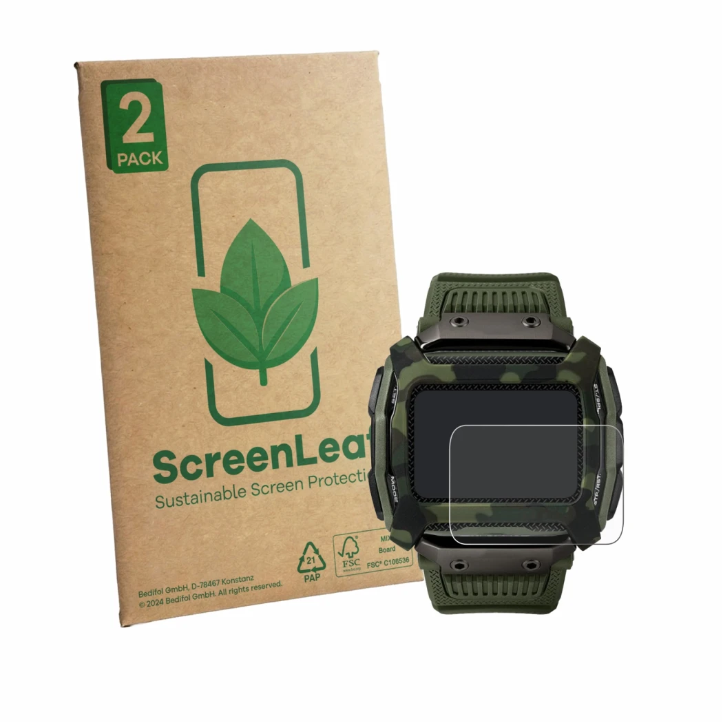 Face avant d’un emballage produit avec le logo de la marque ScreenLeaf. À côté, l’appareil Timex Command Shock est représenté 