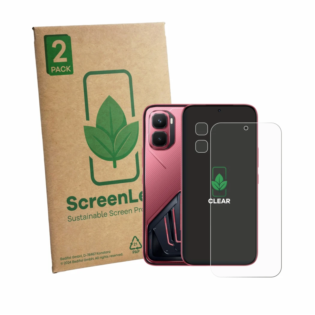 Face avant d’un emballage produit avec le logo de la marque ScreenLeaf. À côté, l’appareil Infinix GT 50 Pro (Avant+Caméra) es