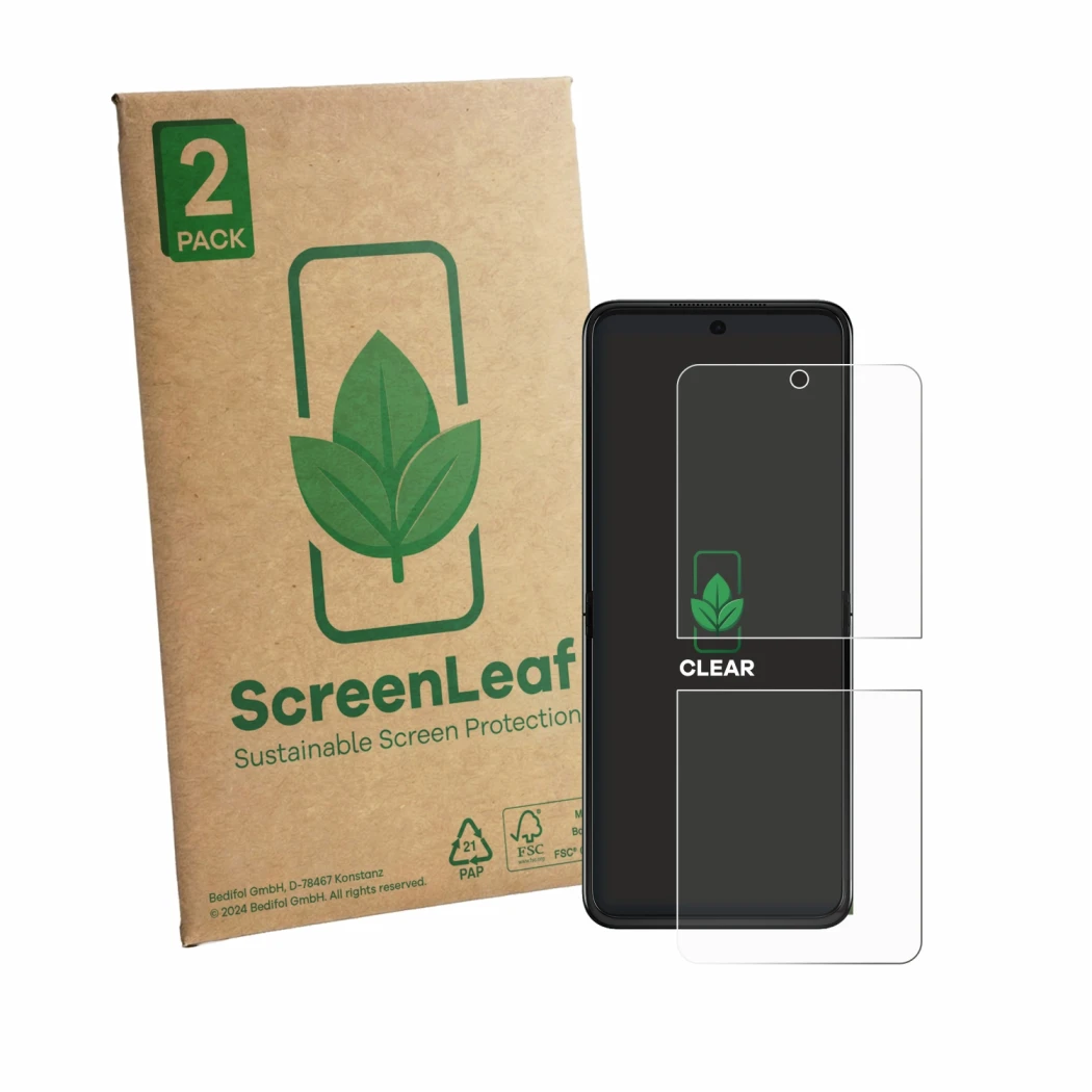 Face avant d’un emballage produit avec le logo de la marque ScreenLeaf. À côté, l’appareil Motorola Razr 70 Plus est représent