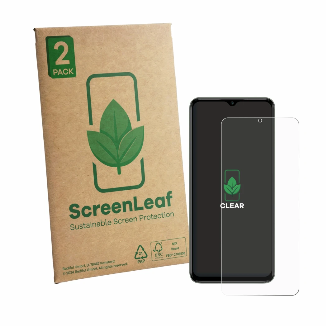 Face avant d’un emballage produit avec le logo de la marque ScreenLeaf. À côté, l’appareil Itel Zeno 100 est représenté avec l
