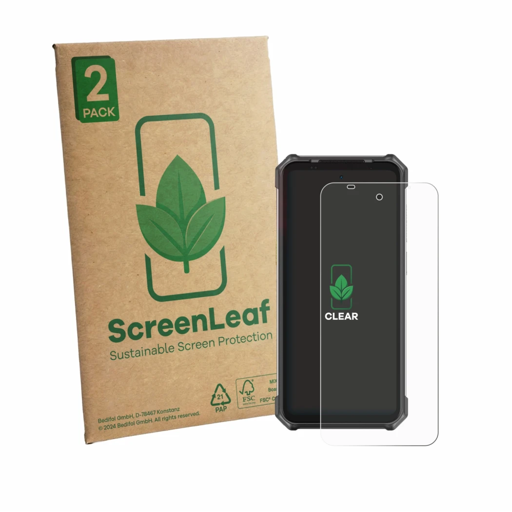 Face avant d’un emballage produit avec le logo de la marque ScreenLeaf. À côté, l’appareil Ulefone RugKing 5 Pro est représent