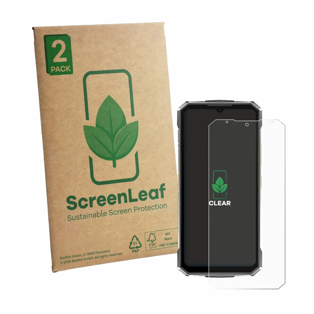 Face avant d’un emballage produit avec le logo de la marque ScreenLeaf. À côté, l’appareil Doogee Fire 7 Ultra est représenté 