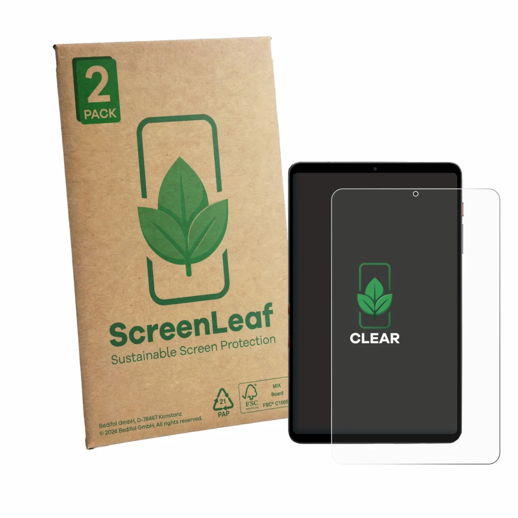Face avant d’un emballage produit avec le logo de la marque ScreenLeaf. À côté, l’appareil BNCF BPad T1 est représenté avec la