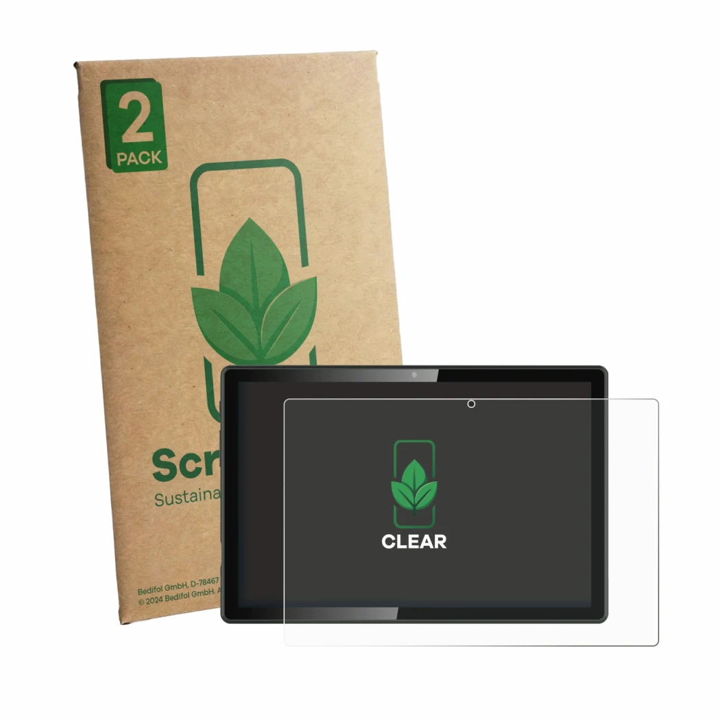 Face avant d’un emballage produit avec le logo de la marque ScreenLeaf. À côté, l’appareil Denver TIO-10525 est représenté ave