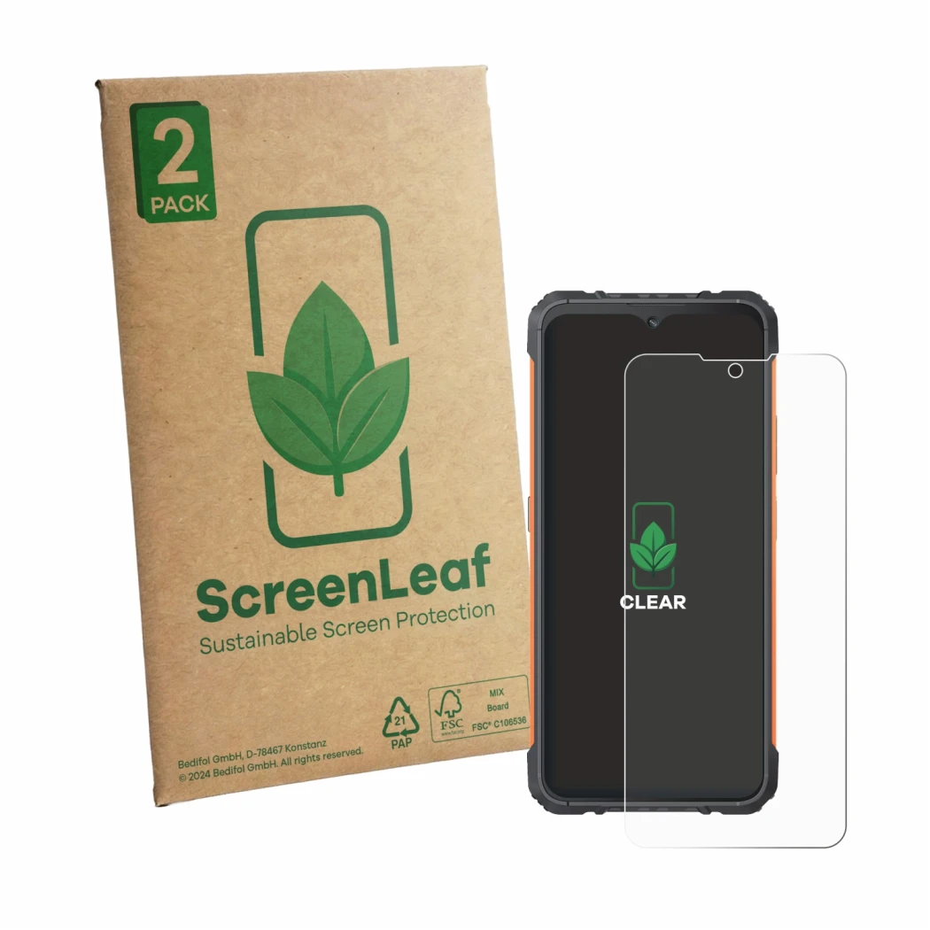 Face avant d’un emballage produit avec le logo de la marque ScreenLeaf. À côté, l’appareil Cubot KingKong Ace 5 est représenté