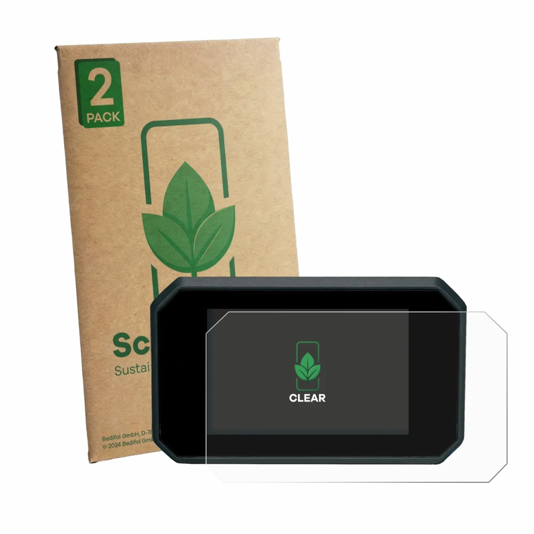 Face avant d’un emballage produit avec le logo de la marque ScreenLeaf. À côté, l’appareil Suzuki GSX‑8R 2026 est représenté a