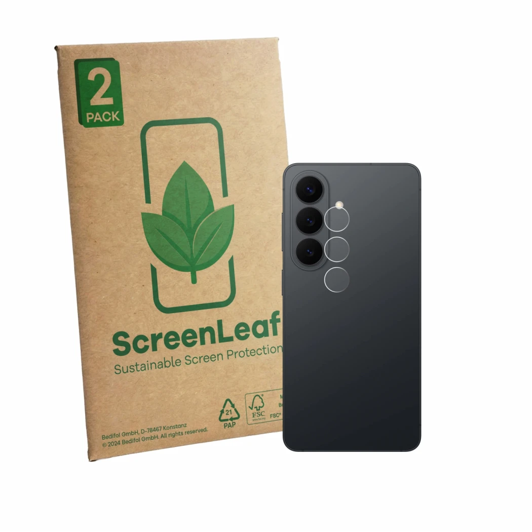 Face avant d’un emballage produit avec le logo de la marque ScreenLeaf. À côté, l’appareil Samsung Galaxy S26 Enterprise Editi