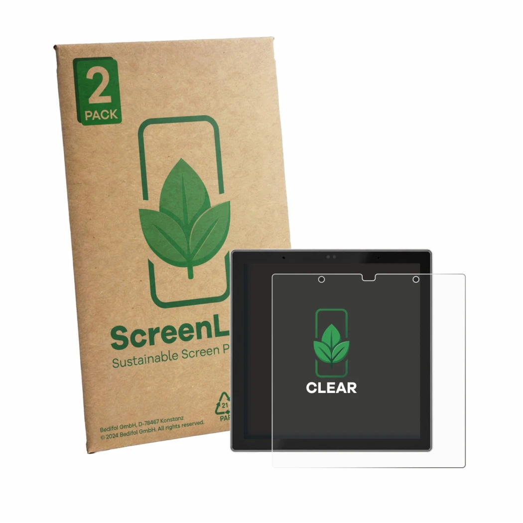 Face avant d’un emballage produit avec le logo de la marque ScreenLeaf. À côté, l’appareil SONOFF NSPanel Pro Gen 2 est représ