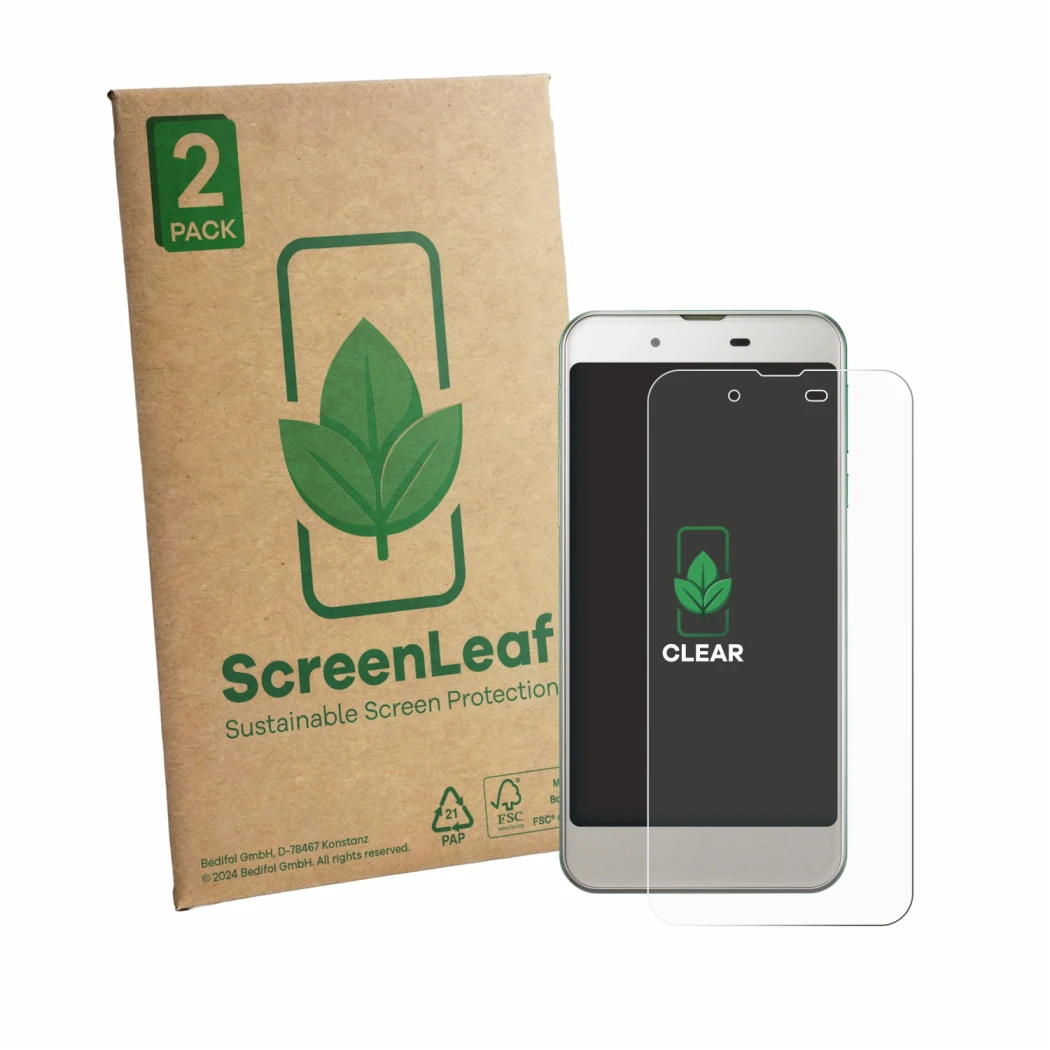 Face avant d’un emballage produit avec le logo de la marque ScreenLeaf. À côté, l’appareil Sharp Aquos SHV37 est représenté av