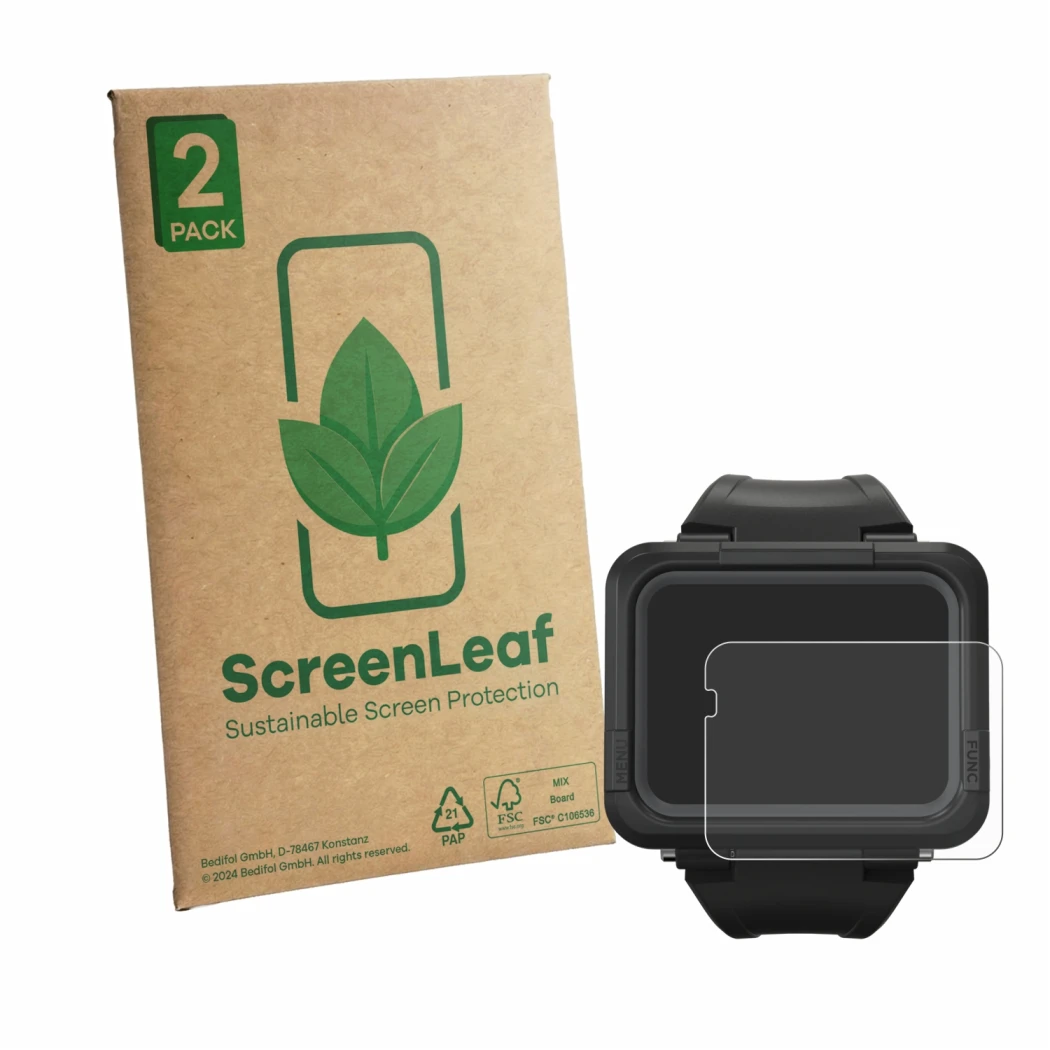 Face avant d’un emballage produit avec le logo de la marque ScreenLeaf. À côté, l’appareil Shearwater Peregrine TX est représe