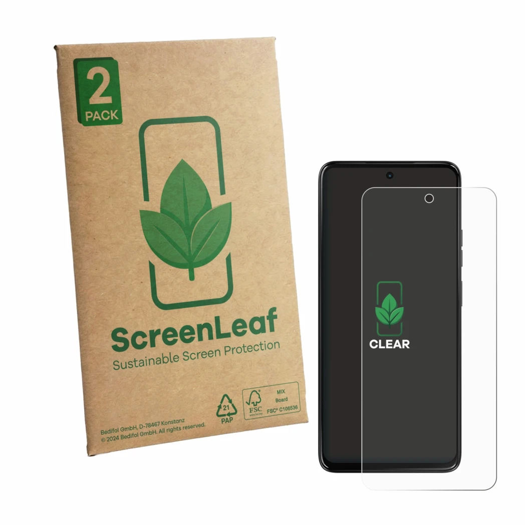 Face avant d’un emballage produit avec le logo de la marque ScreenLeaf. À côté, l’appareil Motorola Moto G47 est représenté av