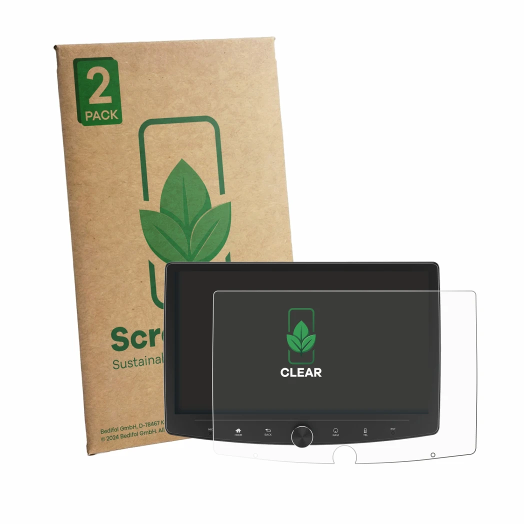 Face avant d’un emballage produit avec le logo de la marque ScreenLeaf. À côté, l’appareil Eonon UX6SK2-PLUS est représenté av