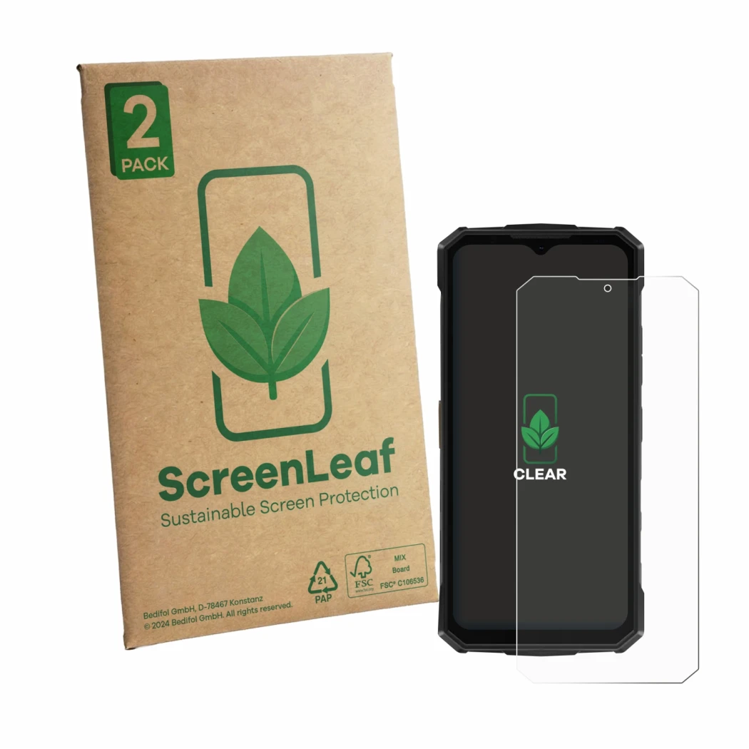 Face avant d’un emballage produit avec le logo de la marque ScreenLeaf. À côté, l’appareil Doogee Fire 5 Pro est représenté av