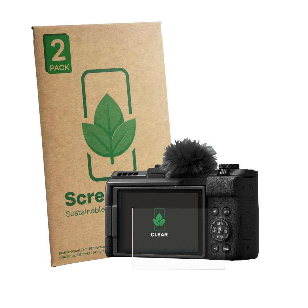 Face avant d’un emballage produit avec le logo de la marque ScreenLeaf. À côté, l’appareil Canon PowerShot V1 Premium est repr