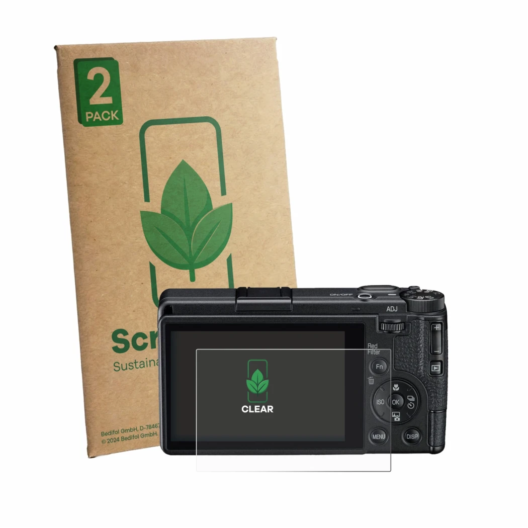 Face avant d’un emballage produit avec le logo de la marque ScreenLeaf. À côté, l’appareil Ricoh GR IV Monochrome est représen