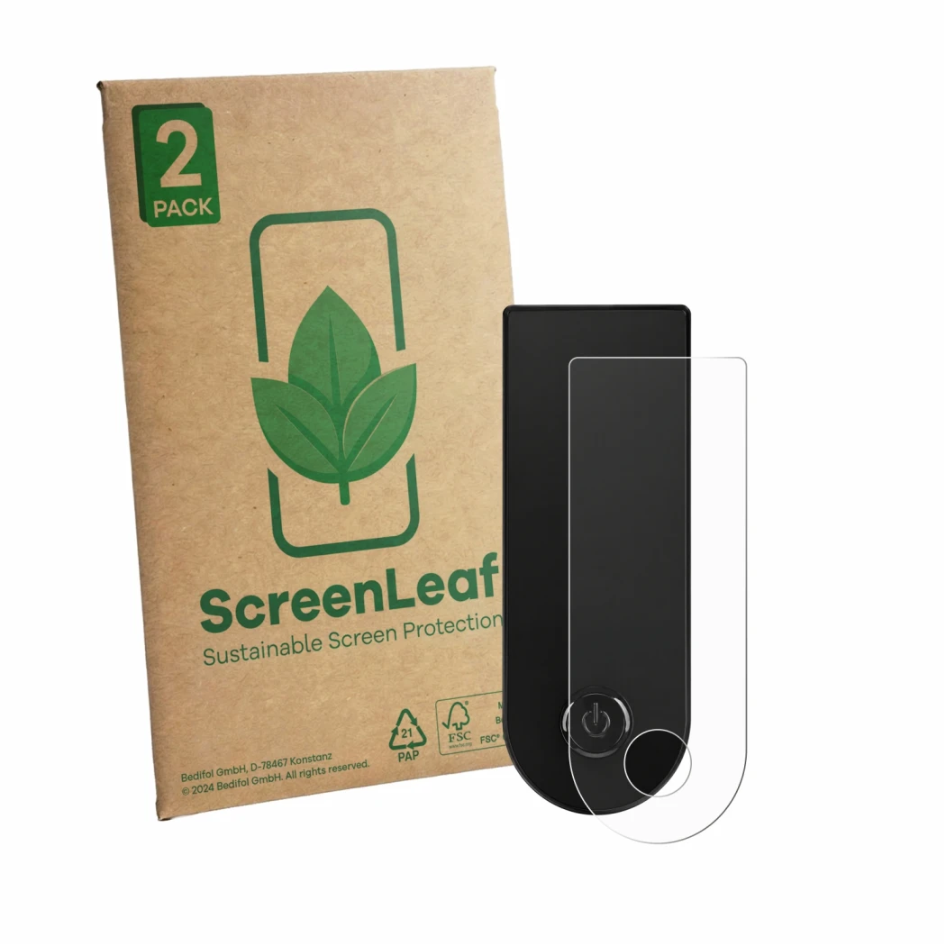 Face avant d’un emballage produit avec le logo de la marque ScreenLeaf. À côté, l’appareil Xiaomi Electric Scooter 6 Lite est 