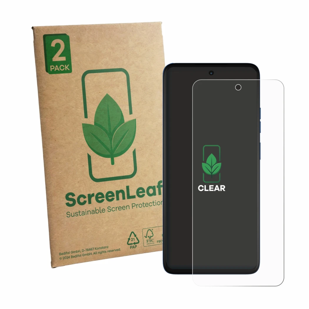 Face avant d’un emballage produit avec le logo de la marque ScreenLeaf. À côté, l’appareil Motorola Moto G57 est représenté av