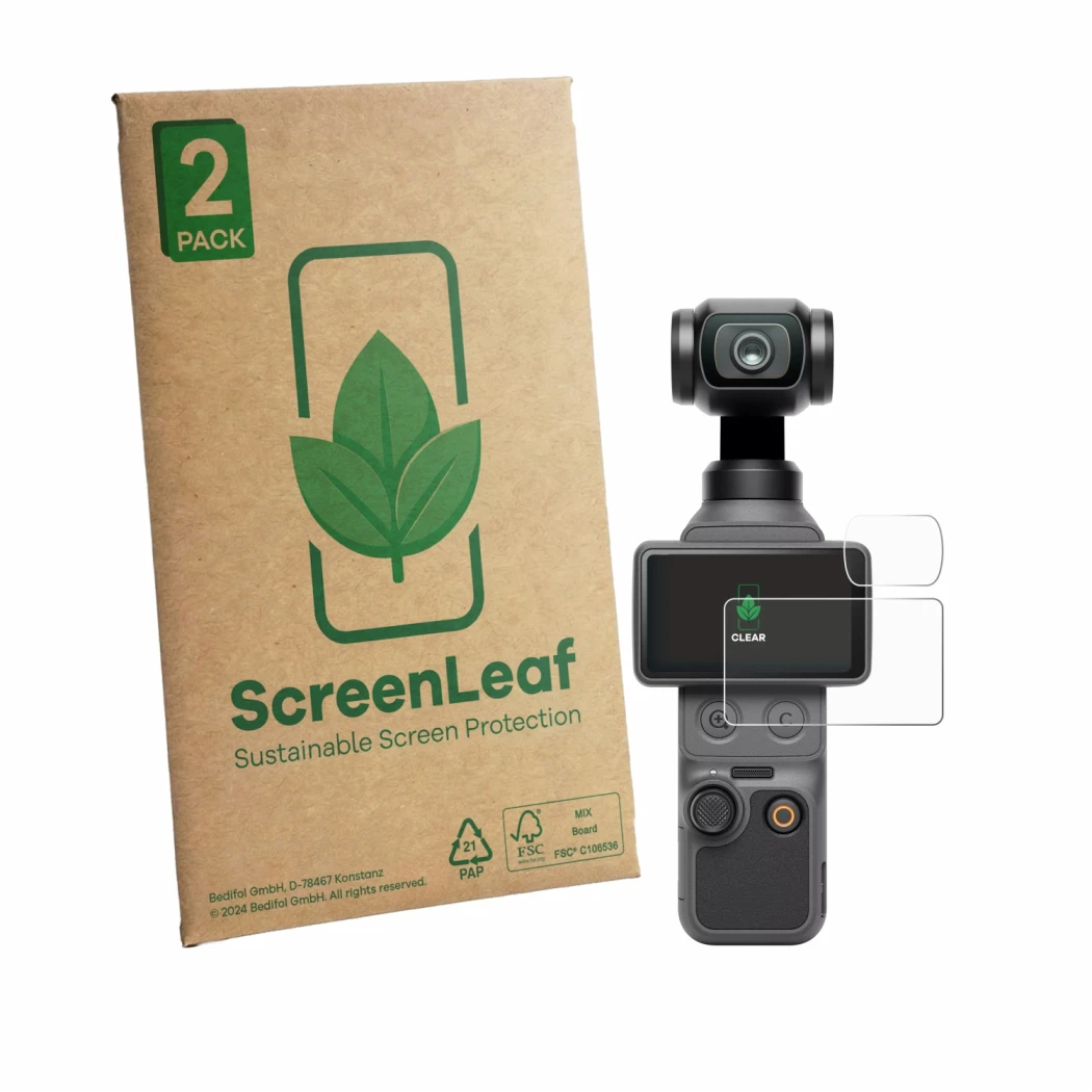 Face avant d’un emballage produit avec le logo de la marque ScreenLeaf. À côté, l’appareil DJI Osmo Pocket 4 (Affichage + Lent