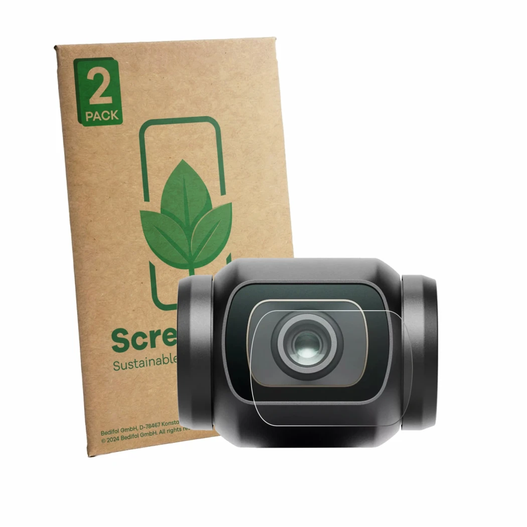 Face avant d’un emballage produit avec le logo de la marque ScreenLeaf. À côté, l’appareil DJI Osmo Pocket 4 (Lentille) est re