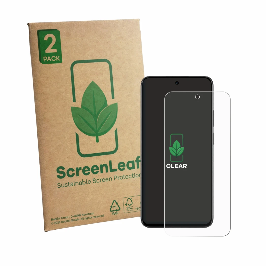 Face avant d’un emballage produit avec le logo de la marque ScreenLeaf. À côté, l’appareil realme C100 4G est représenté avec 