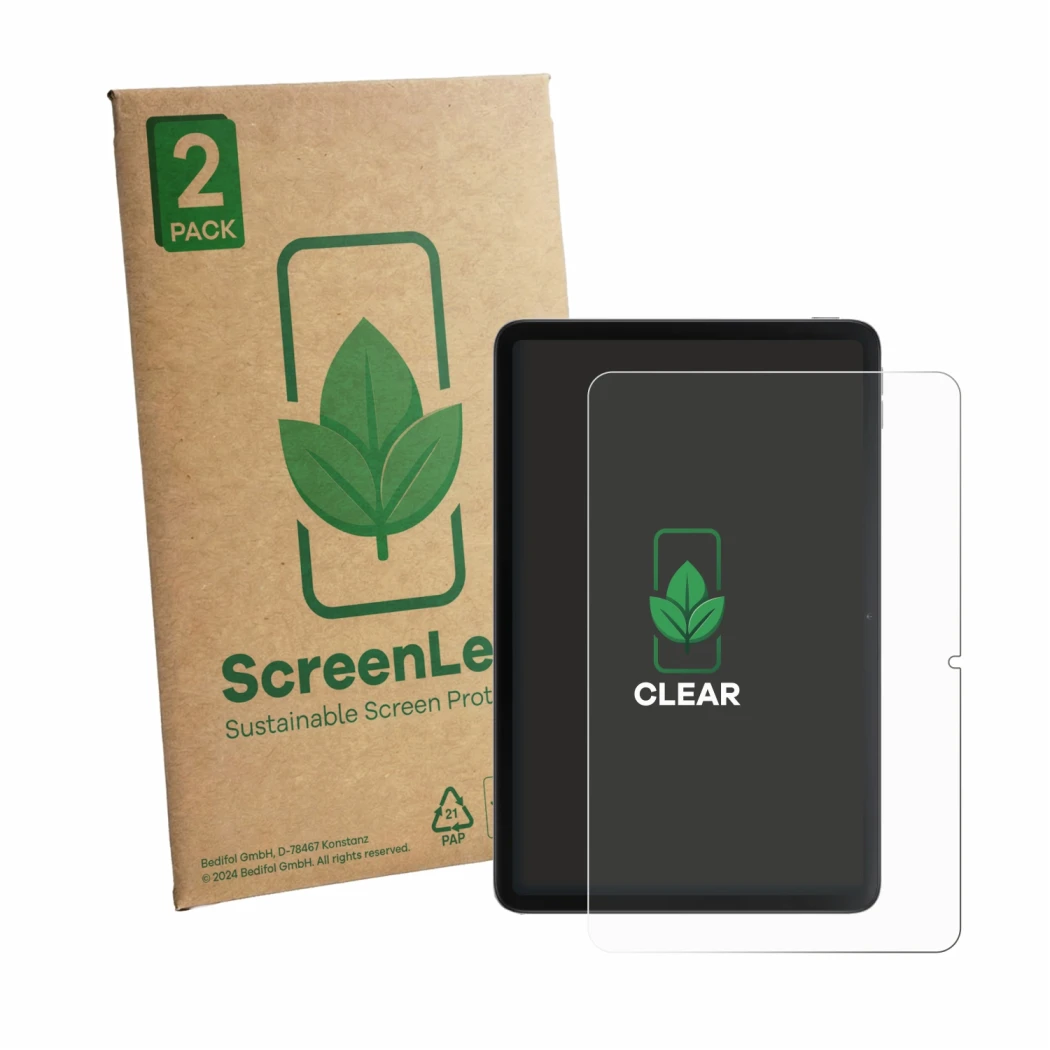 Face avant d’un emballage produit avec le logo de la marque ScreenLeaf. À côté, l’appareil Xiaomi Redmi Pad 2 9.7 est représen