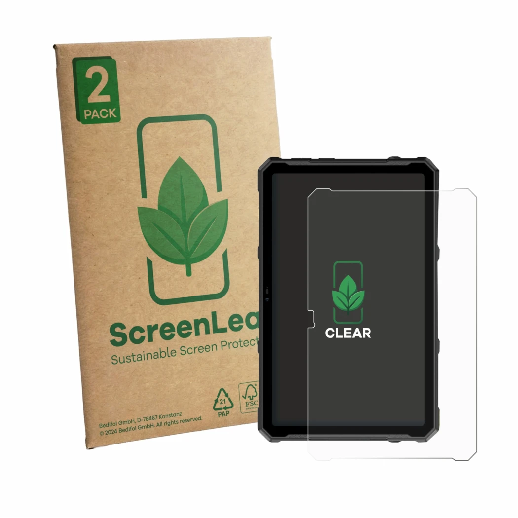 Face avant d’un emballage produit avec le logo de la marque ScreenLeaf. À côté, l’appareil Ulefone Armor Pad 4T Ultra est repr