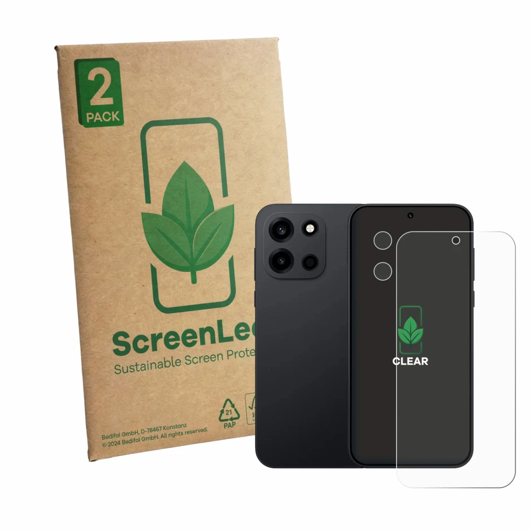 Face avant d’un emballage produit avec le logo de la marque ScreenLeaf. À côté, l’appareil OnePlus Nord 6 (Avant+Caméra) est r