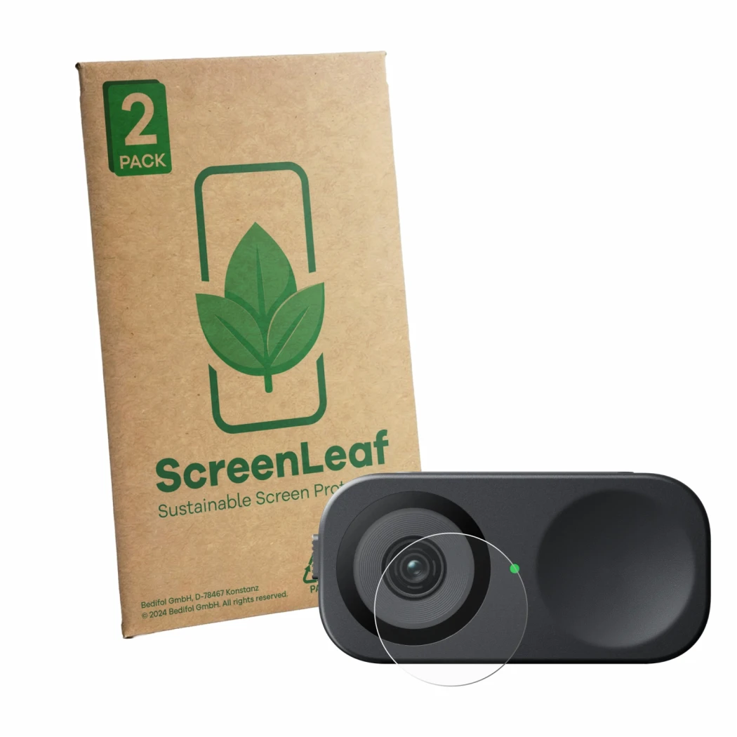Face avant d’un emballage produit avec le logo de la marque ScreenLeaf. À côté, l’appareil Insta360 Link 2C (Lentille) est rep