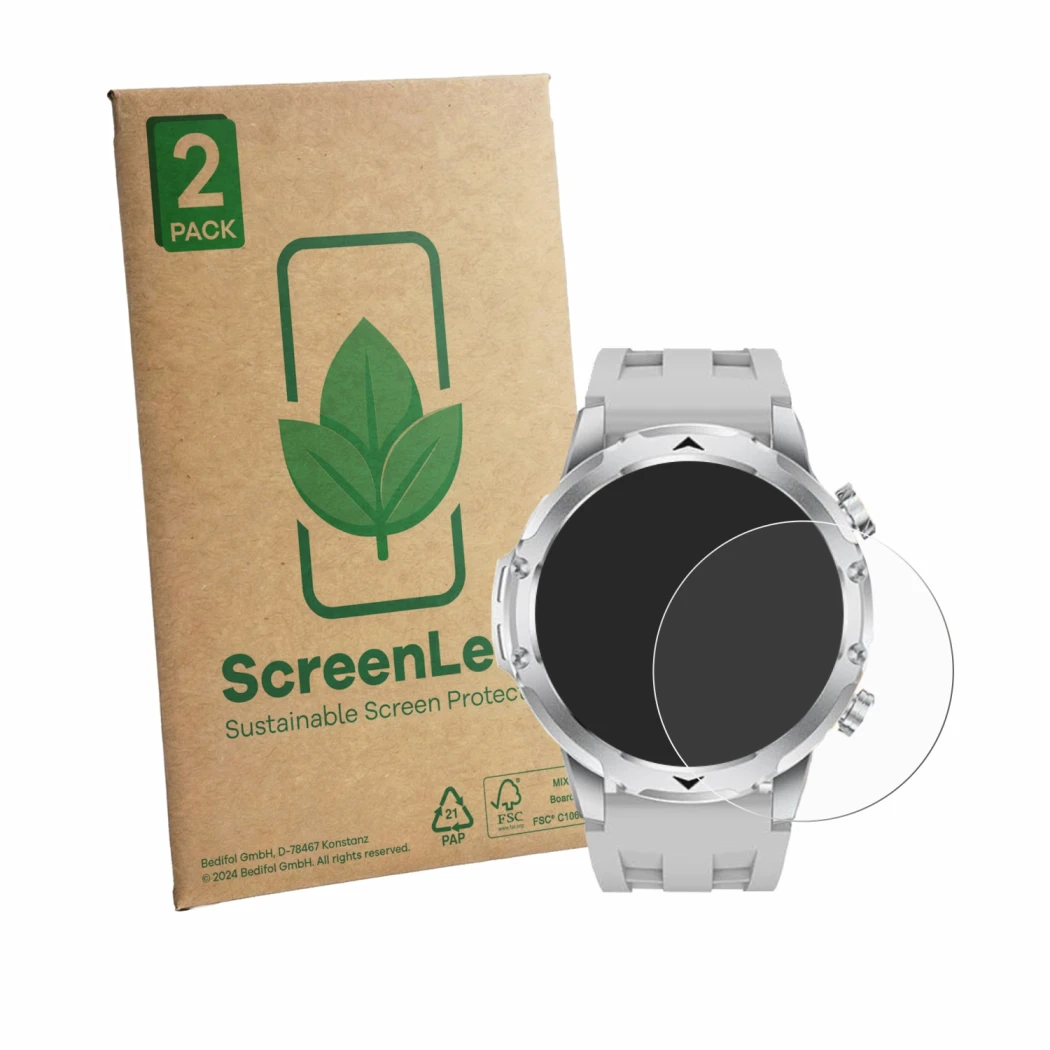 Face avant d’un emballage produit avec le logo de la marque ScreenLeaf. À côté, l’appareil FitVigor Smartwatch 1.53