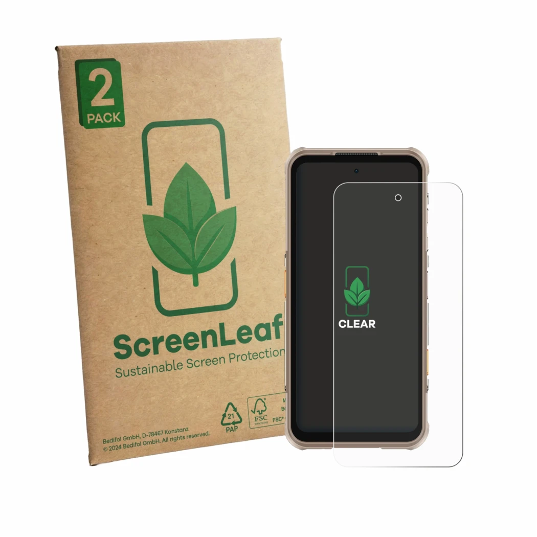 Face avant d’un emballage produit avec le logo de la marque ScreenLeaf. À côté, l’appareil Ulefone RugOne Xever 8 est représen