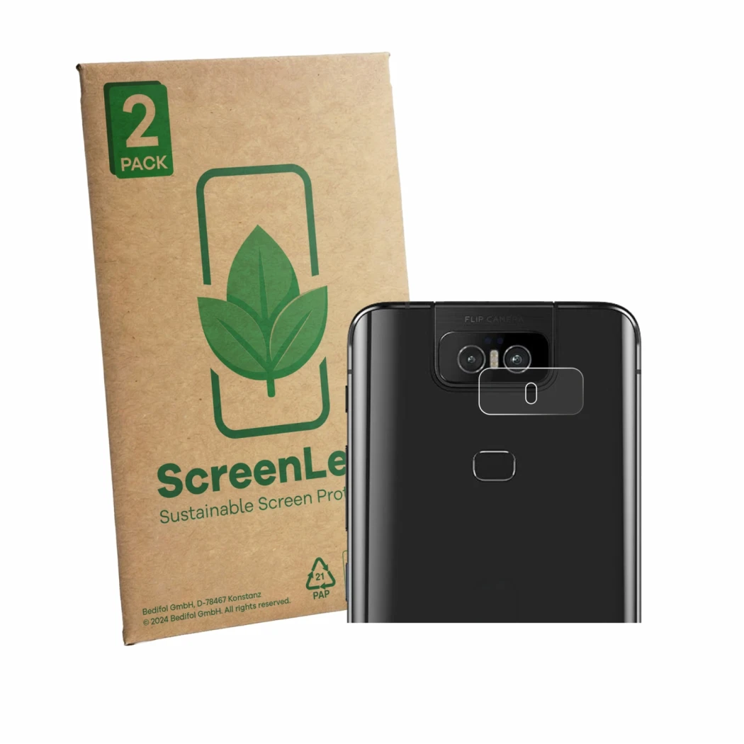 Face avant d’un emballage produit avec le logo de la marque ScreenLeaf. À côté, l’appareil ASUS ZenFone 6 ZS630KL (Caméra UNIQ