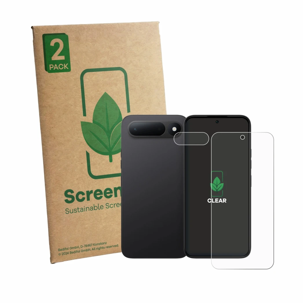 Face avant d’un emballage produit avec le logo de la marque ScreenLeaf. À côté, l’appareil Tecno Spark 50 5G (Avant+Caméra) es