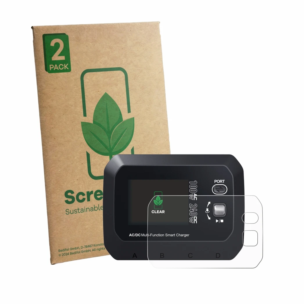 Face avant d’un emballage produit avec le logo de la marque ScreenLeaf. À côté, l’appareil SkyRc Q100 Neo est représenté avec 