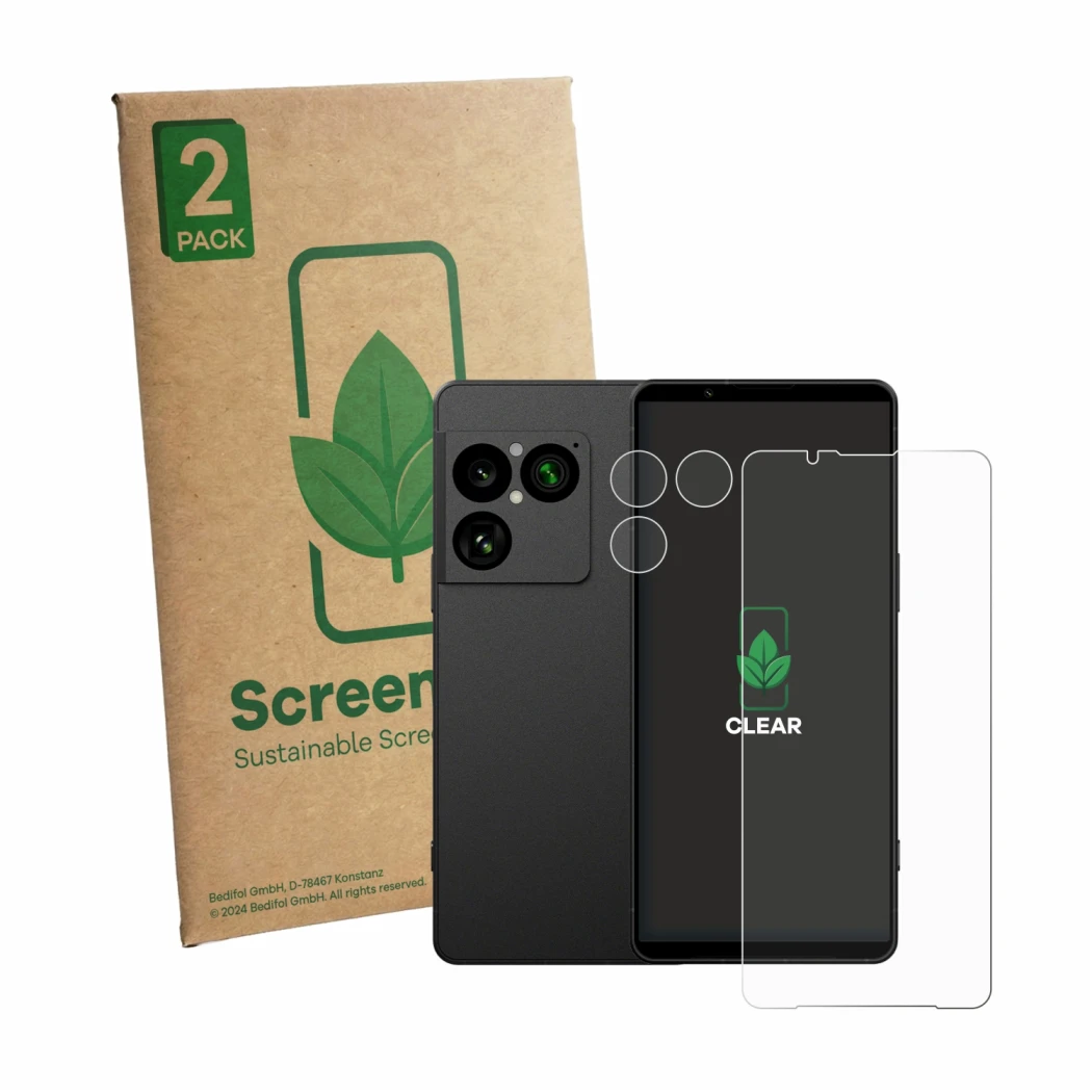 Face avant d’un emballage produit avec le logo de la marque ScreenLeaf. À côté, l’appareil Sony Xperia 1 VIII (Avant+Caméra) e