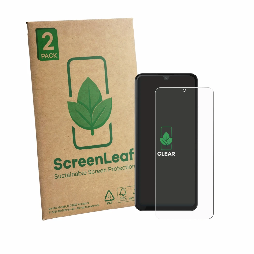 Face avant d’un emballage produit avec le logo de la marque ScreenLeaf. À côté, l’appareil Doogee M30 est représenté avec la p