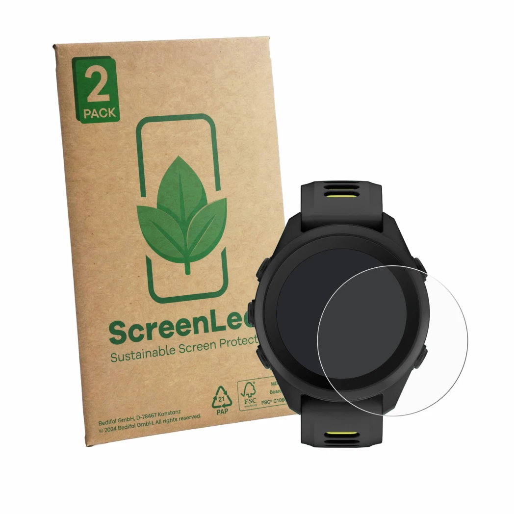 Face avant d’un emballage produit avec le logo de la marque ScreenLeaf. À côté, l’appareil Garmin Forerunner 170 est représent