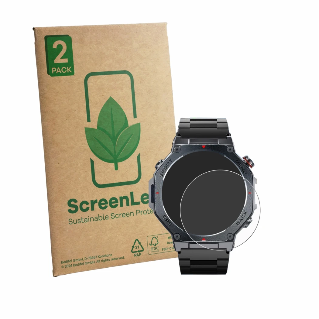 Face avant d’un emballage produit avec le logo de la marque ScreenLeaf. À côté, l’appareil Jugeman V20 1.43