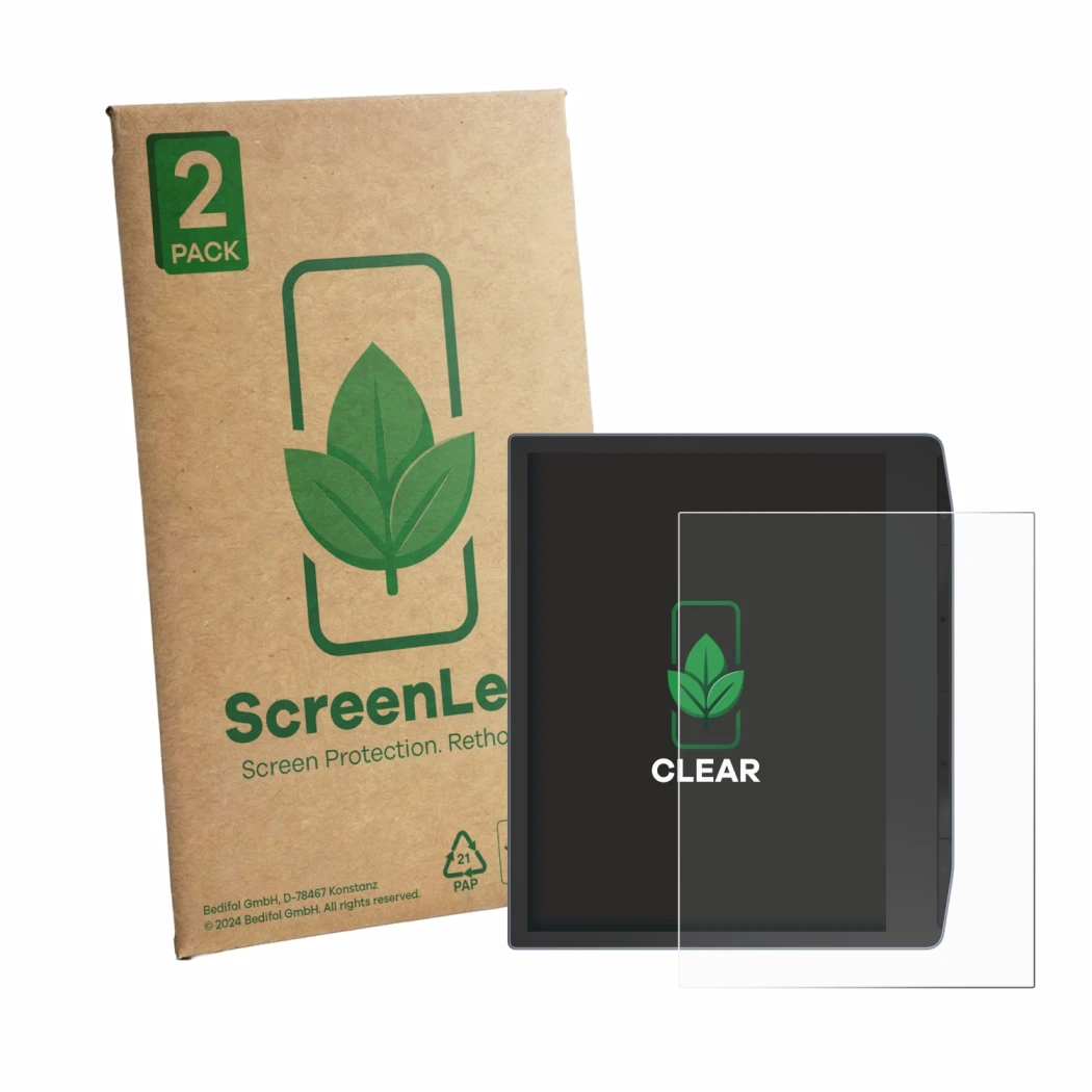 Face avant d’un emballage produit avec le logo de la marque ScreenLeaf. À côté, l’appareil PocketBook Era Lite est représenté 