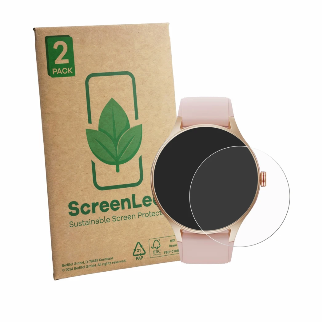 Face avant d’un emballage produit avec le logo de la marque ScreenLeaf. À côté, l’appareil Woneligo Smartwatch 1.57