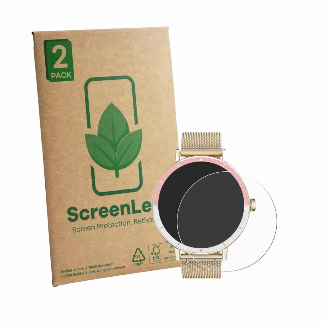 Face avant d’un emballage produit avec le logo de la marque ScreenLeaf. À côté, l’appareil Keeponfit Smartwatch 1.27
