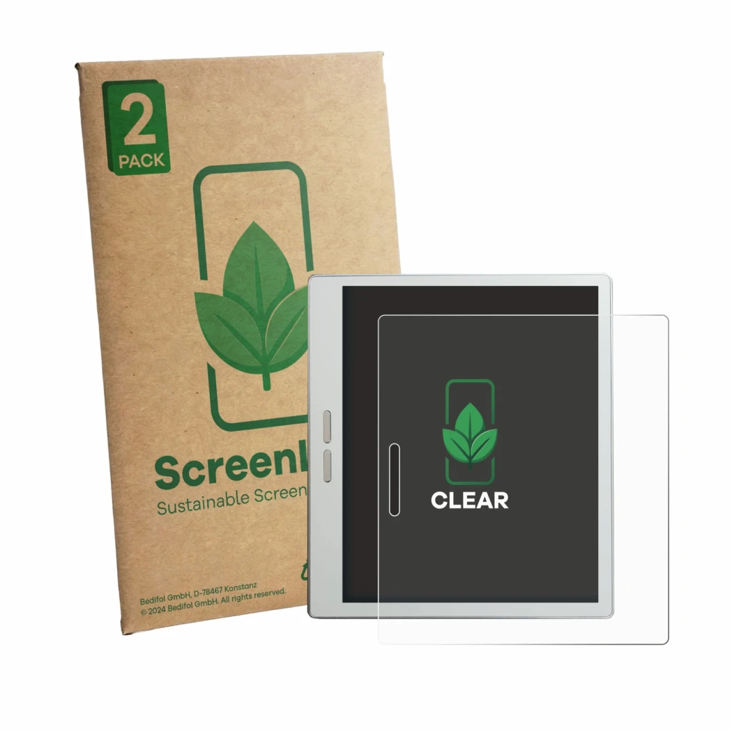 Face avant d’un emballage produit avec le logo de la marque ScreenLeaf. À côté, l’appareil Bigme B7 Pro est représenté avec la