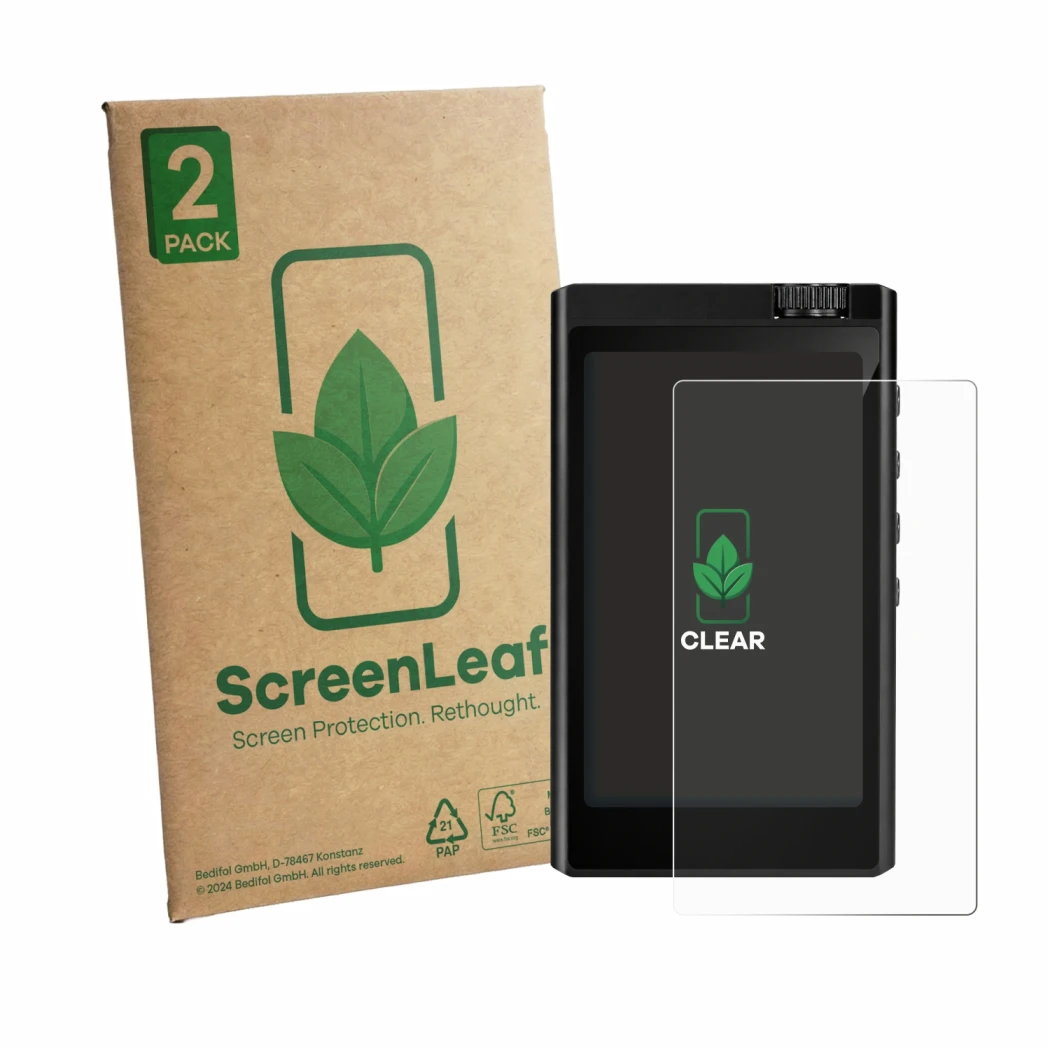 Face avant d’un emballage produit avec le logo de la marque ScreenLeaf. À côté, l’appareil Surfans F35 est représenté avec la 