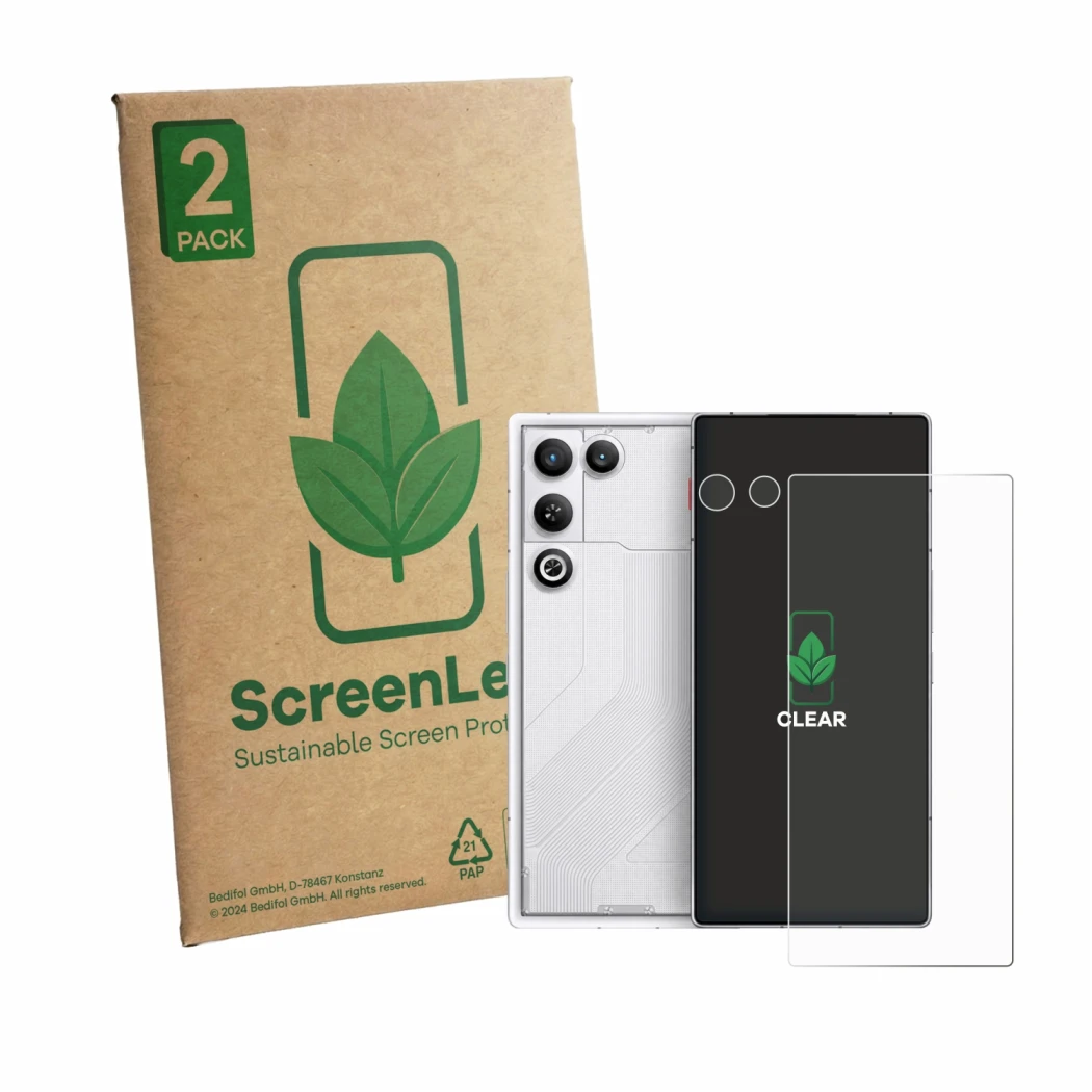 Face avant d’un emballage produit avec le logo de la marque ScreenLeaf. À côté, l’appareil ZTE Nubia Red Magic 11 Air (Avant+C