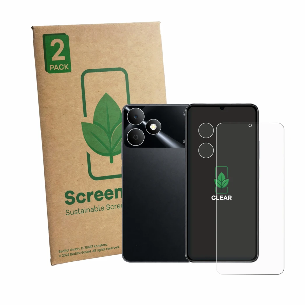 Face avant d’un emballage produit avec le logo de la marque ScreenLeaf. À côté, l’appareil realme Note 80 (Avant+Caméra) est r