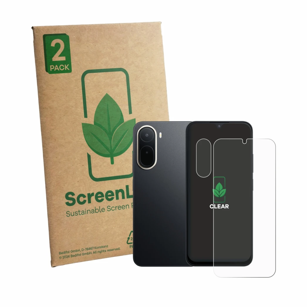Face avant d’un emballage produit avec le logo de la marque ScreenLeaf. À côté, l’appareil Xiaomi Redmi A7 Pro (Avant+Caméra) 