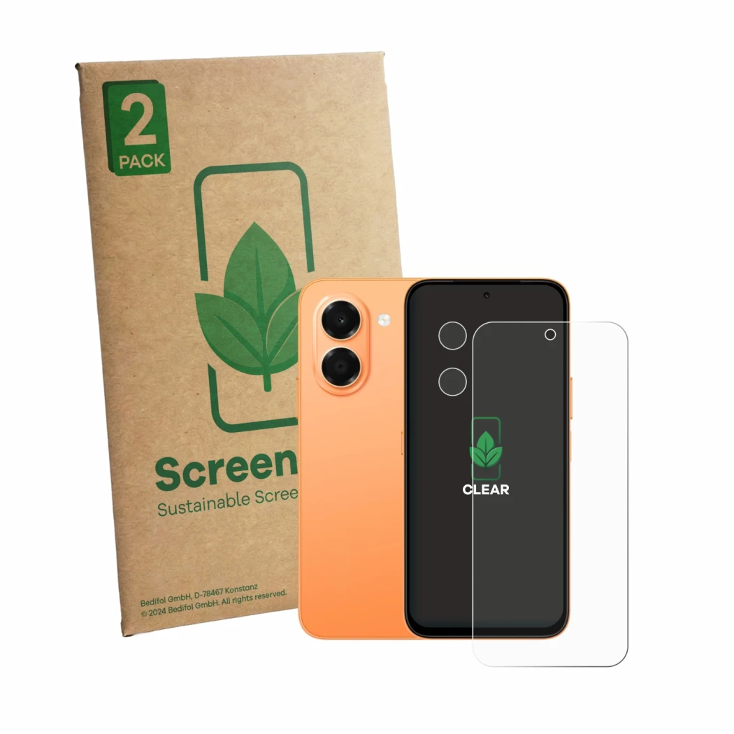 Face avant d’un emballage produit avec le logo de la marque ScreenLeaf. À côté, l’appareil Honor X7e (Avant+Caméra) est représ