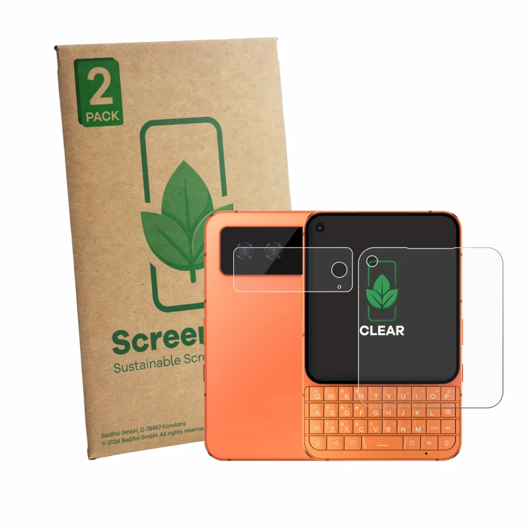 Face avant d’un emballage produit avec le logo de la marque ScreenLeaf. À côté, l’appareil Unihertz Titan 2 Elite Pro (Avant+C