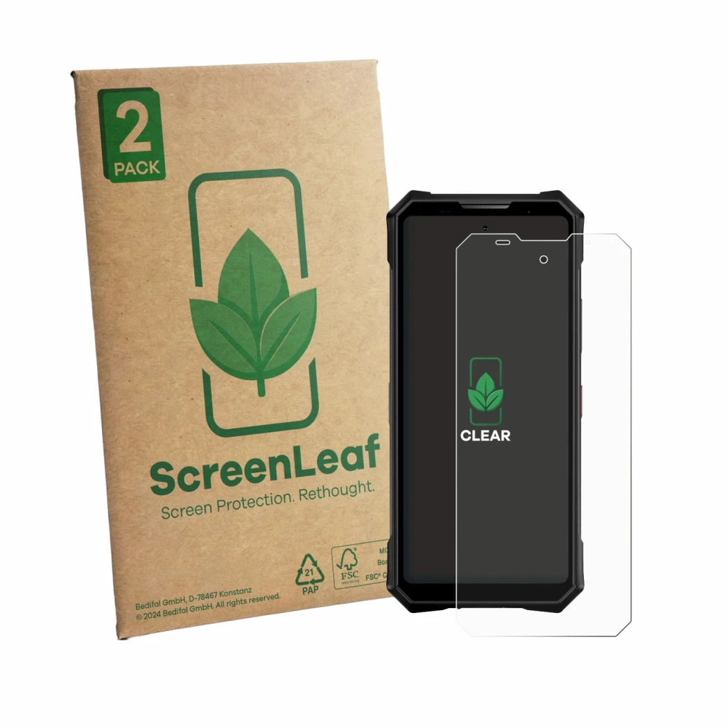 Face avant d’un emballage produit avec le logo de la marque ScreenLeaf. À côté, l’appareil Doogee V50 Pro est représenté avec 